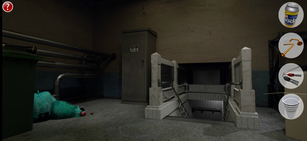 Escape Prison 2 adventure game - Gameplay screenshot of Escape Prison 2 adventure game showing a dark basement with a staircase and an inventory of puzzle items