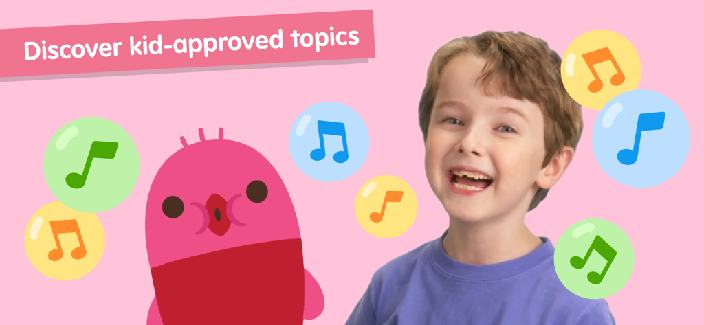 A smiling boy and a pink bird character with musical note bubbles in Sago Mini First Words.