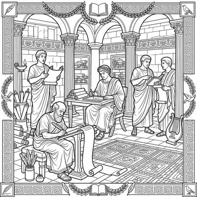 Journey back to Ancient Rome and witness the intellectual life of its celebrated poets and writers. This detailed coloring page invites you to bring their classical world to vibrant life with your own colors.