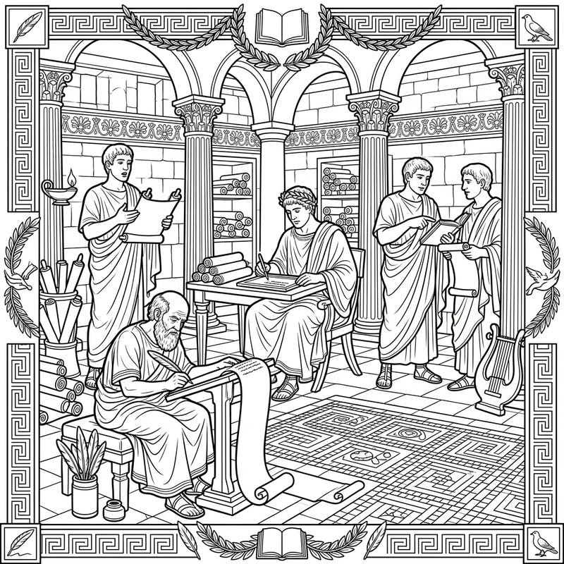 Journey back to Ancient Rome and witness the intellectual life of its celebrated poets and writers. This detailed coloring page invites you to bring their classical world to vibrant life with your own colors.