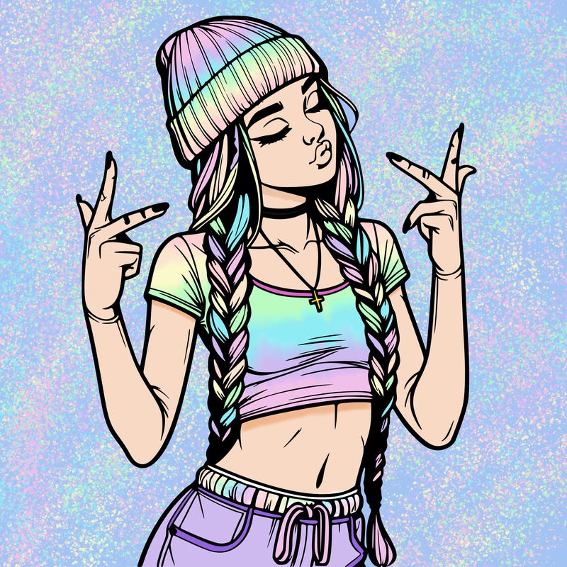 realistic teenage girl with braids and a beanie and crop top doing 🫶🏼