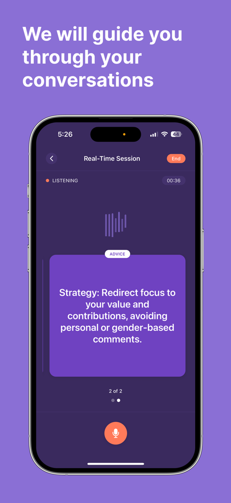 Persway: AI Negotiation Coach - A mobile screen showing the Persway app real-time AI negotiation coaching interface with strategic advice for a high-stakes conversation.