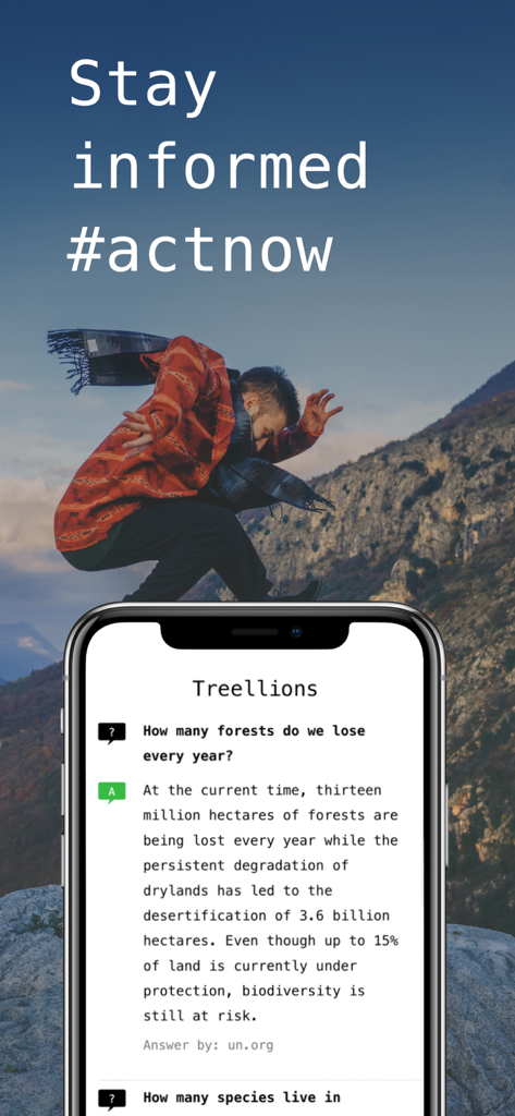 Treellions - We Plant Trees - Smartphone screen showing the Treellions app Q&A section with information about global forest loss.