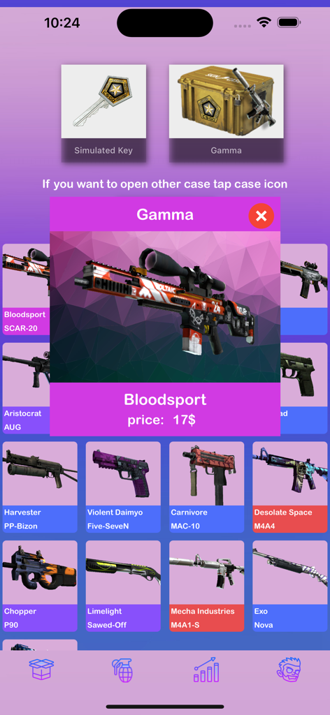 Case Simulator 3 mobile app interface showing a grid of weapon skins and a Gamma case opening popup for a SCAR 20 skin