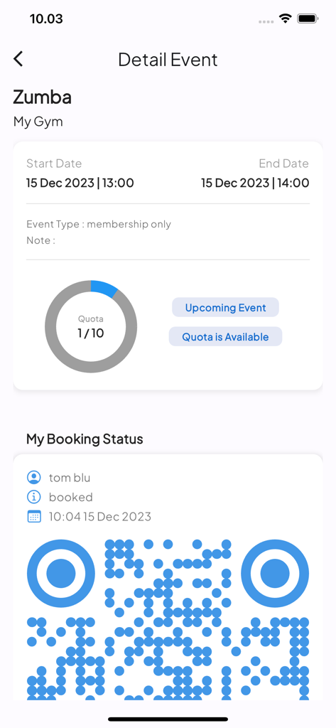 Details of a booked Zumba class in the Sangtum Fitness app with event time and check-in QR code