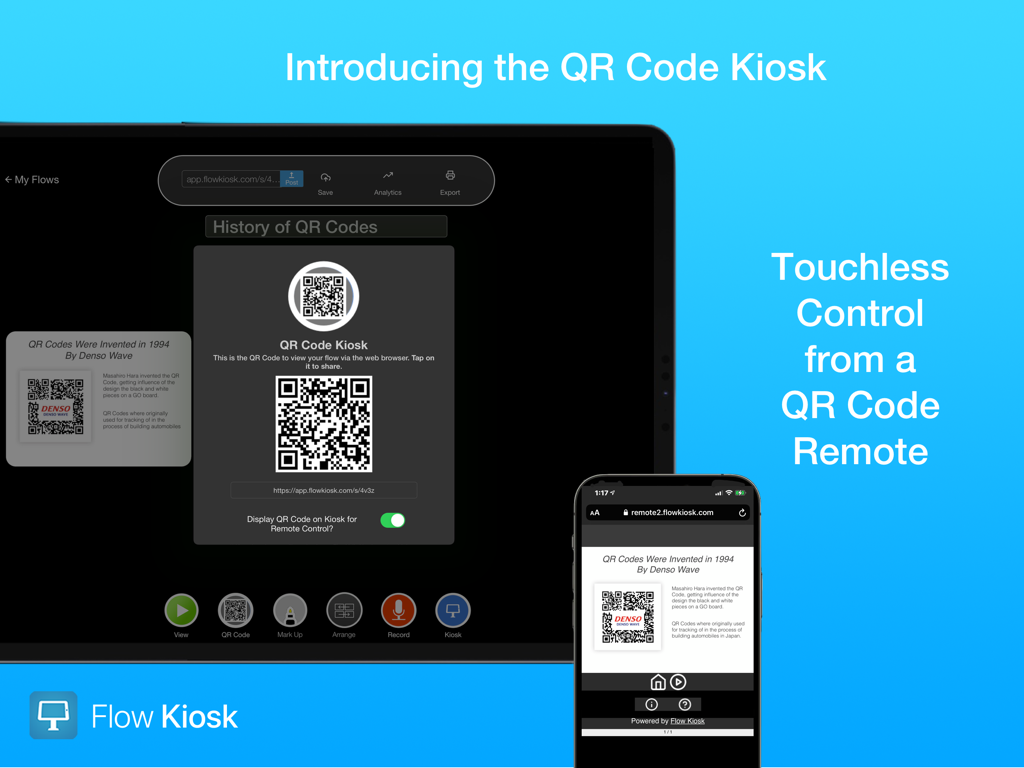 Flow Kiosk: Offline iPad Kiosk - Flow Kiosk app interface showing touchless control feature using a QR code remote on a smartphone and iPad