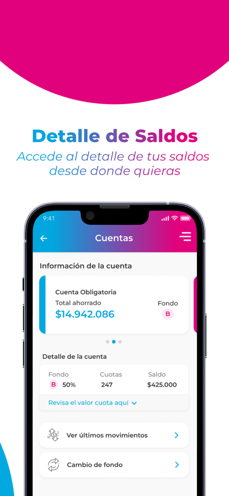 La aplicación AFP UNO mostrando el saldo de la cuenta de pensión chilena y los detalles del fondo.