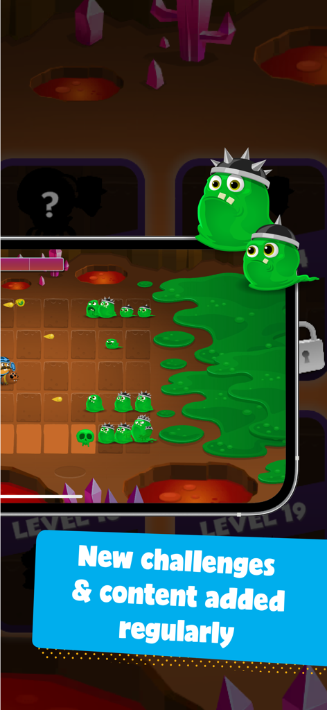 Bug World by Kodable - A gameplay screenshot of Bug World by Kodable showing a tower defense level with green slimes and a banner stating new challenges and content are added regularly