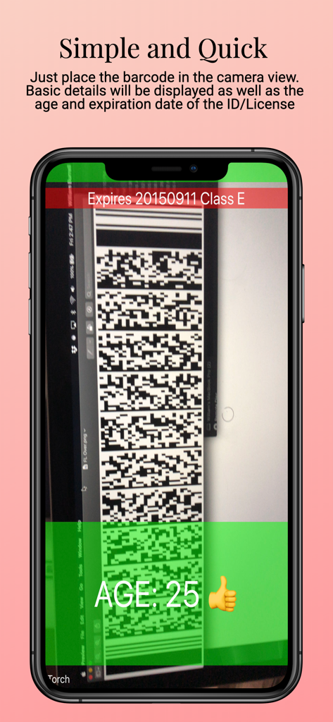 Una interfaz de teléfono inteligente escaneando un código de barras de identificación y mostrando la edad 25 con un indicador verde de pulgar hacia arriba.