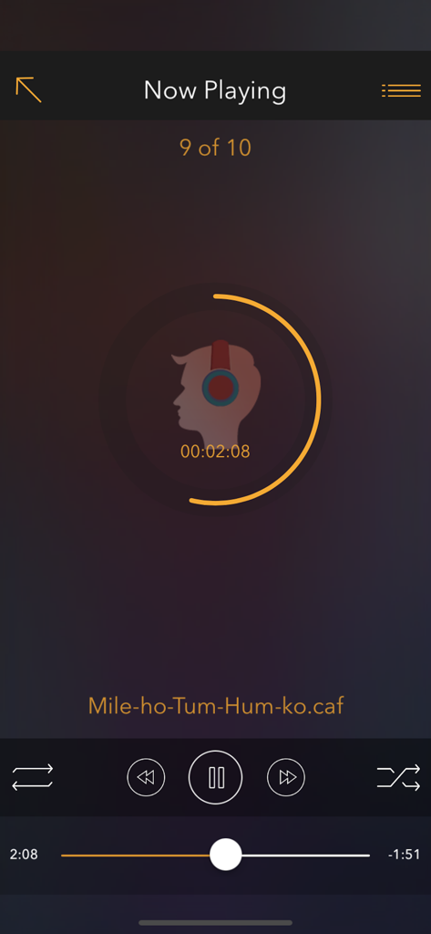 Interfaccia "In Riproduzione" dell'app Editor Audio che mostra i controlli di riproduzione e una barra di avanzamento circolare per una traccia musicale.