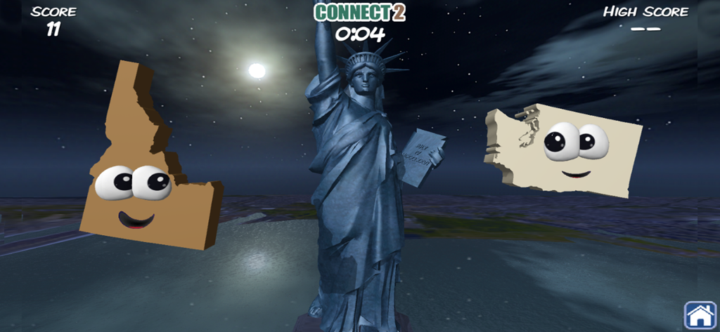 Connect 2 bonus game screenshot featuring the Statue of Liberty and animated states.