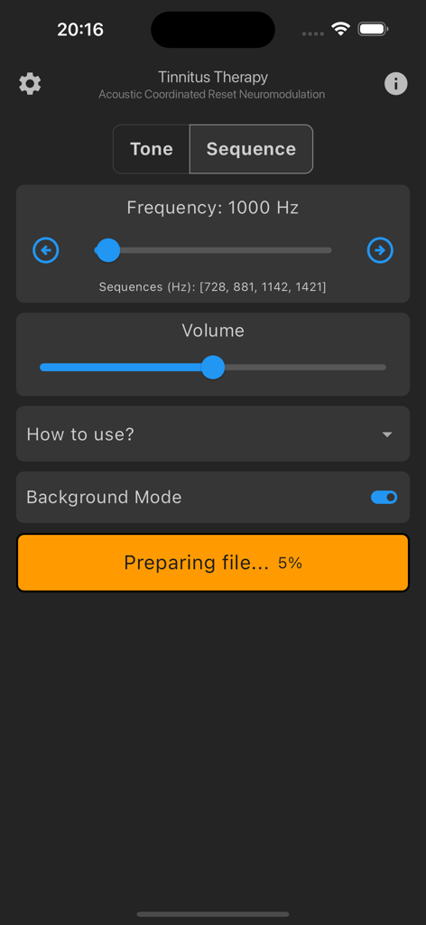 Tinnitus Therapy - ACRN - Interface utilisateur de l'application Tinnitus Therapy ACRN avec des contrôles de fréquence et de volume.