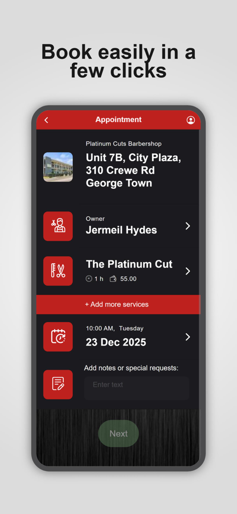 Platinum Cuts Barbershop - Buchungsbildschirm der mobilen App von Platinum Cuts Barbershop mit Dienstleistungsdetails und Friseurauswahl