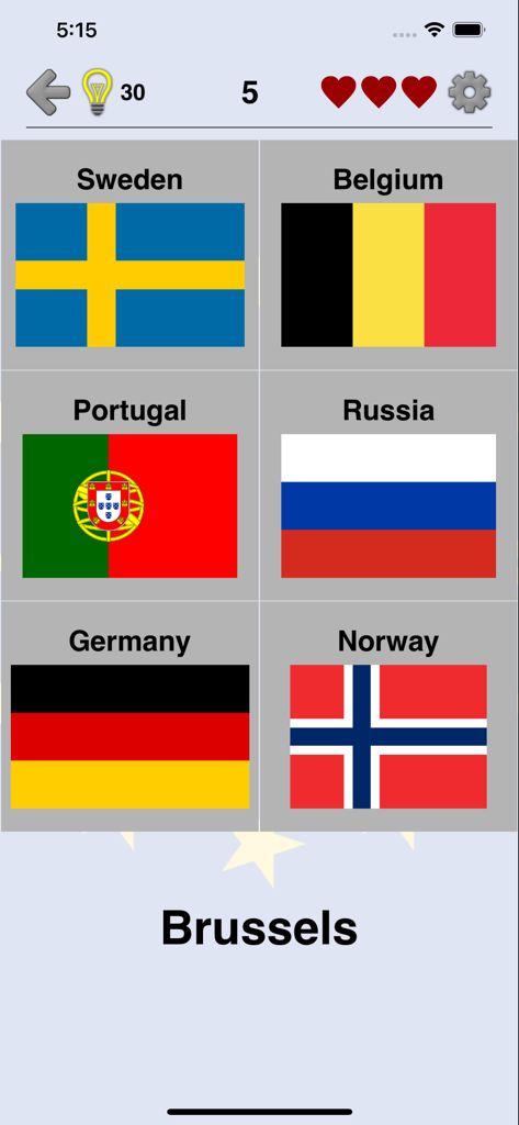European Countries - Maps Quiz - Una pantalla de quiz de geografía de opción múltiple donde el usuario debe identificar la bandera correspondiente a la ciudad capital, Bruselas.