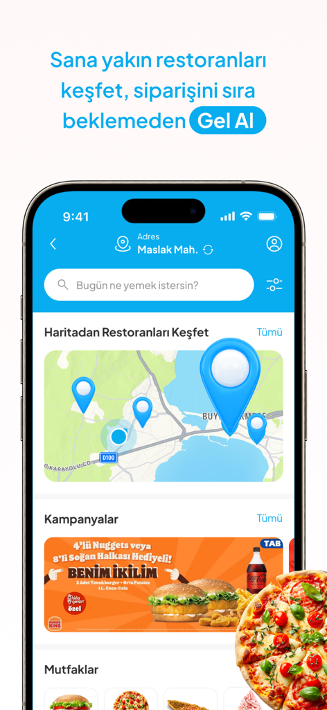 Interfaccia dell'app mobile Tıkla Gelsin che mostra una mappa dei ristoranti e offerte di cibo.