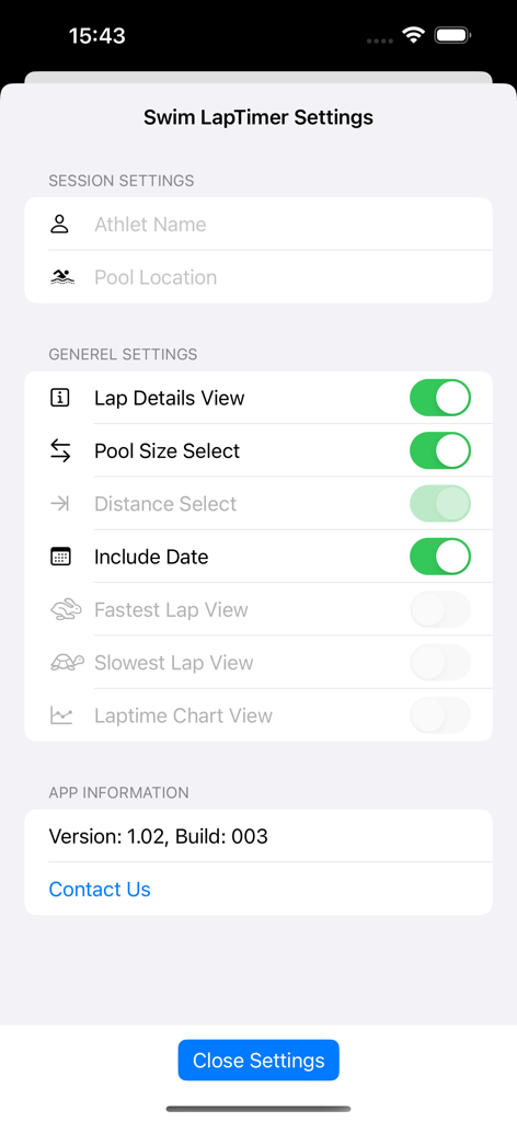 Settings screen for Swim LapTimer app showing configuration options for laps and pool size