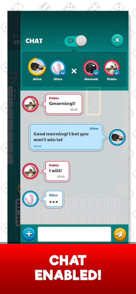 Dominoes Jogatina: Board Games - Interfaz de chat multijugador en Dominoes Jogatina mostrando una conversación entre jugadores durante una partida