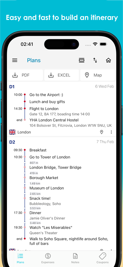SaveTrip - SaveTrip 앱 인터페이스에 런던 여행의 활동 타임라인이 포함된 상세한 일일 여행 일정이 표시됩니다