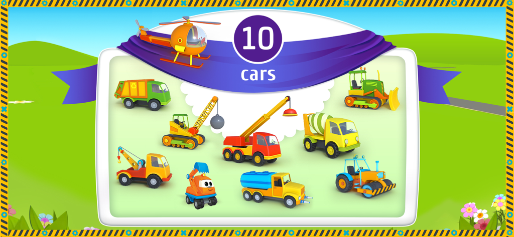 A variety of ten colorful cartoon construction vehicles and work machines from the Leo the Truck game