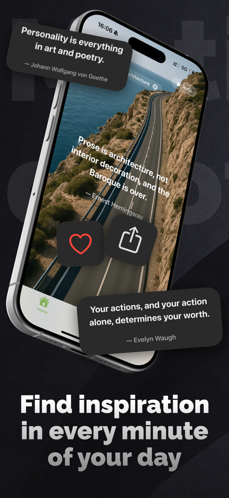 Quotty: Motivational quotes - Pantalla de smartphone mostrando citas motivacionales diarias con fondos pintorescos de la aplicación Quotty