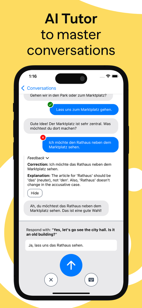 Uben app screen showing an AI German tutor providing real time conversation feedback and grammar corrections