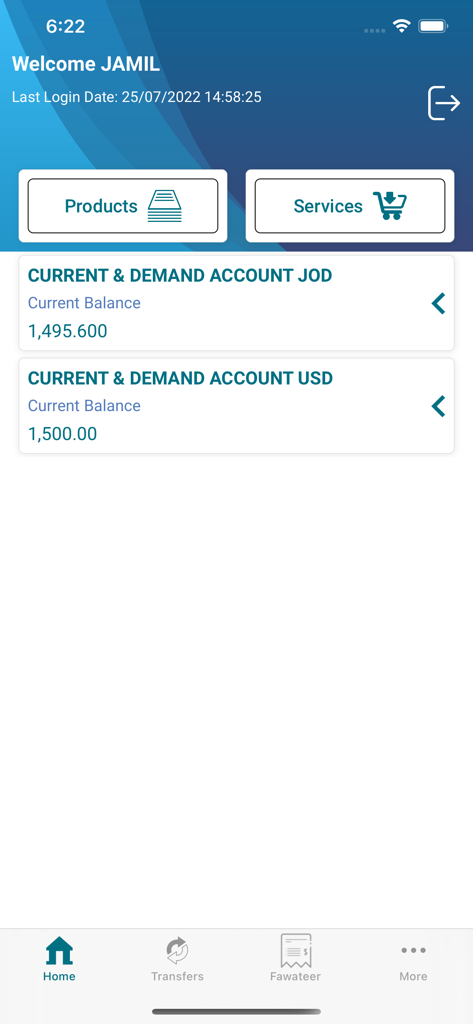 HBTF Bahrain mobile banking dashboard showing account balances in JOD and USD