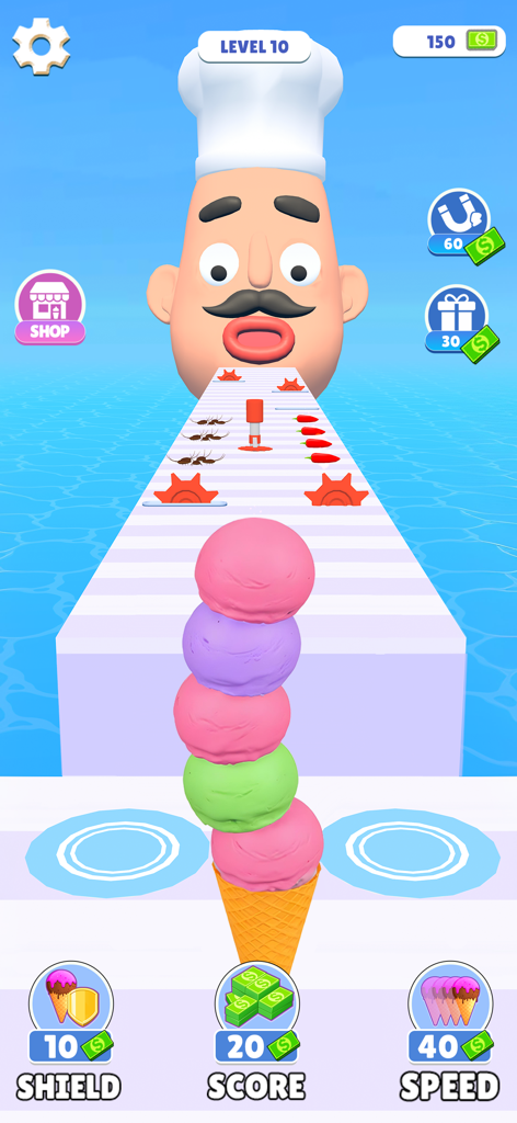 Stacky IceCream Runner - A tall stack of colorful ice cream scoops on a cone navigating an obstacle course