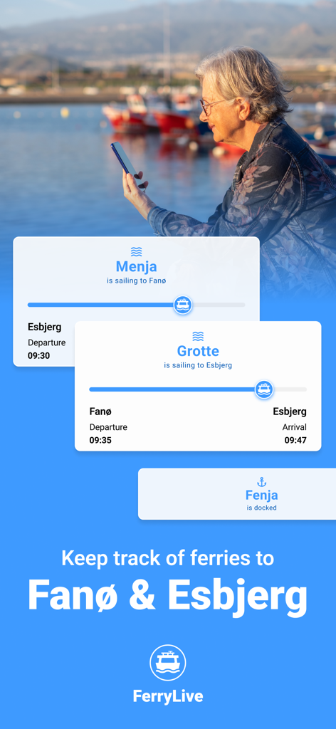 FerryLive: Fanø & Esbjerg - Eine Frau benutzt die FerryLive-App, um Echtzeit-Fährabfahrten und Standorte für die Route Fanø und Esbjerg zu überprüfen.