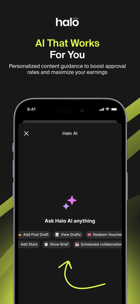 Halo.AI - Halo AI mobile app interface showing a creator assistant with options for post drafts and collaboration management