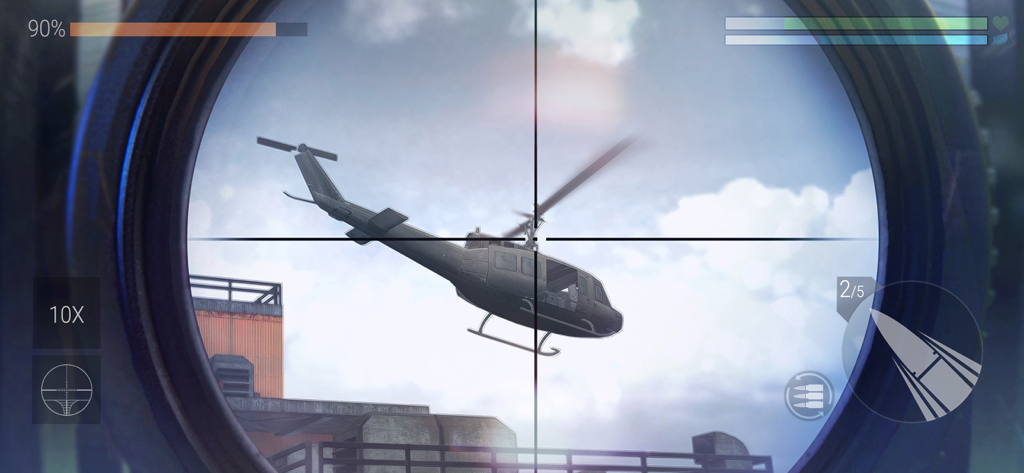 Cover Fire: Gun Shooting games - Vista de la mira de un francotirador apuntando a un helicóptero militar en el juego de disparos Cover Fire