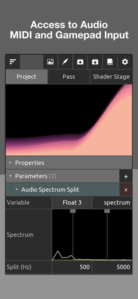 KodeLife - KodeLife app interface showing audio spectrum split and MIDI input parameters for real-time shader editing