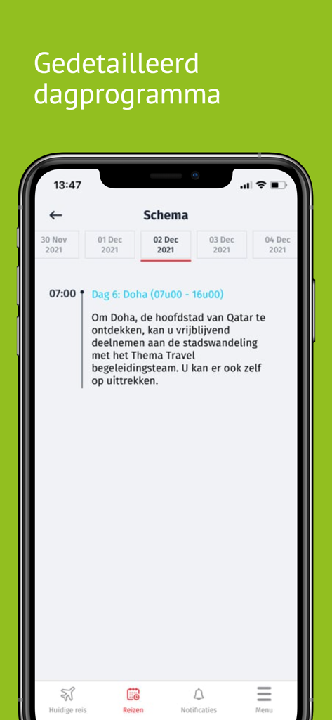 Thema Travel - 테마 트래블 앱에서 카타르 도하의 예정된 시티 투어를 보여주는 상세한 일일 여행 일정 화면입니다.