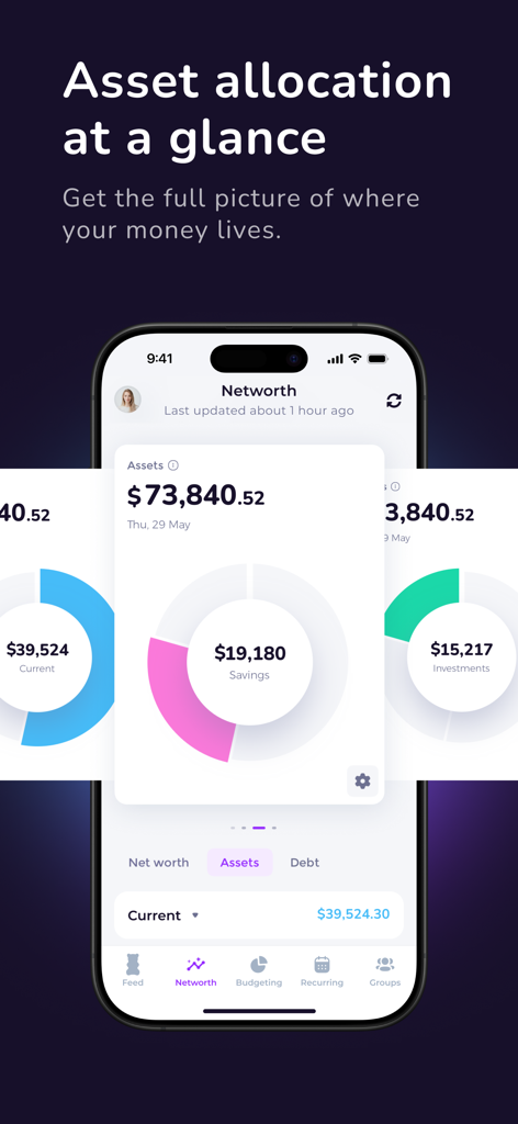 A mobile phone screen showing the Emma app asset allocation interface with a donut chart breakdown of savings and investments