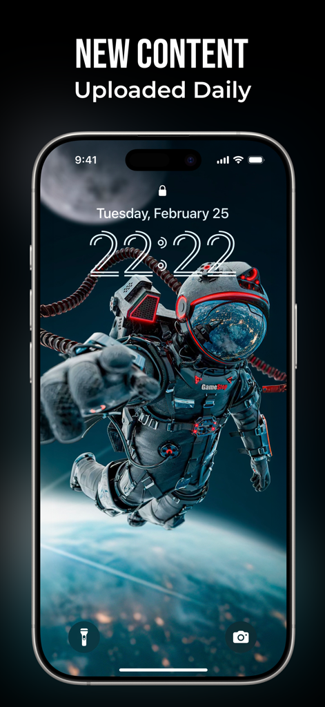 Live Wallpapers -4K Background - Una pantalla de bloqueo de iPhone mostrando un fondo de pantalla espacial 4K de alta resolución con un astronauta flotando sobre la Tierra y el texto Nuevo Contenido Subido Diariamente