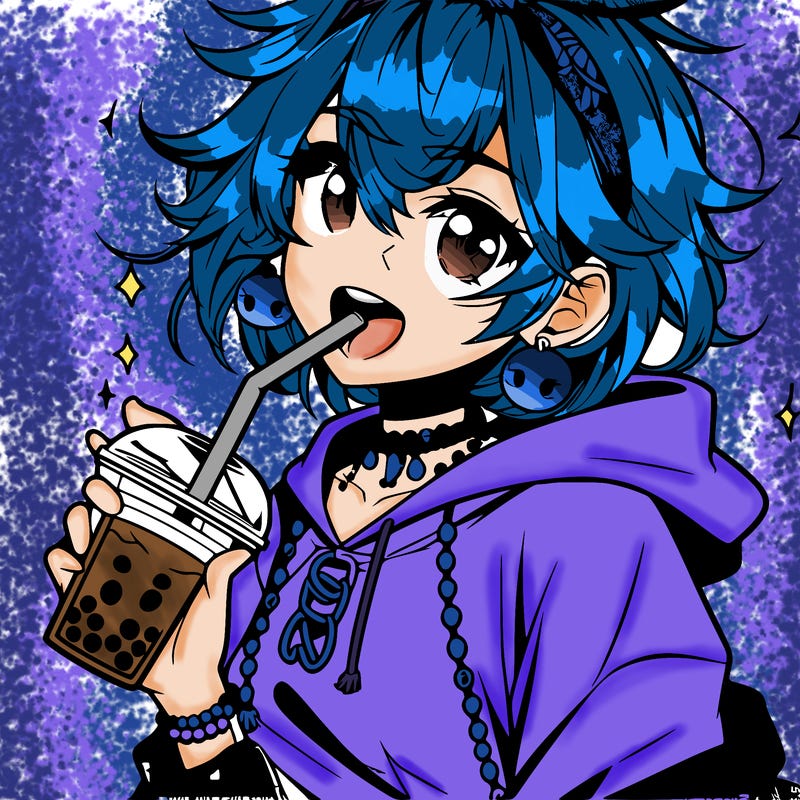 hot baddie anime girl drinking boba and biting the straw