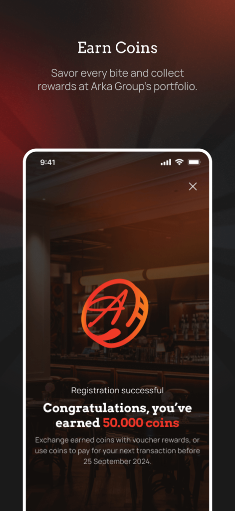 Arka Rewards - Arka Rewards app screen displaying registration success and earned loyalty coins for premium dining