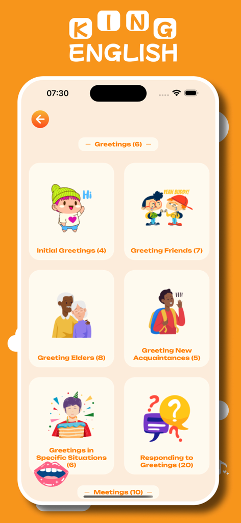 King English Game mobile interface showing various English greeting lesson categories with character illustrations