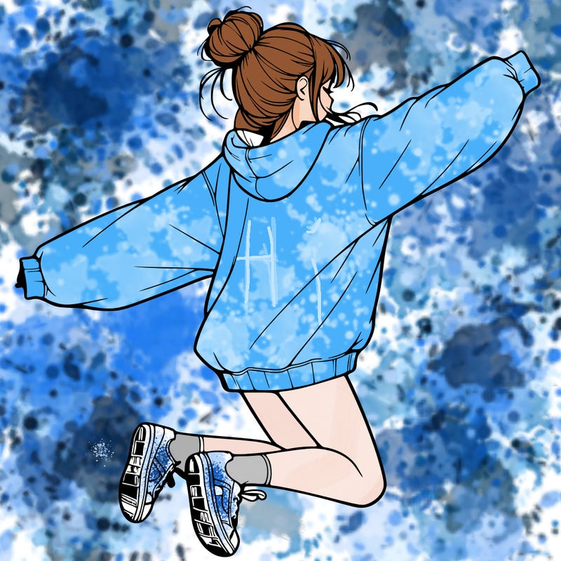 realistic girl jumping with a bun and oversized sweatshirt