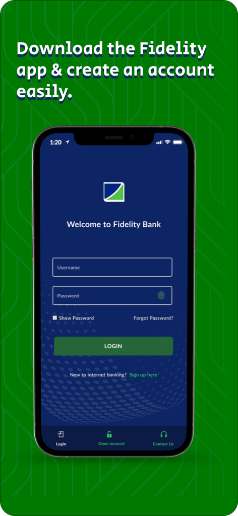 Pantalla de inicio de sesión de Fidelity Online Banking en un teléfono inteligente que muestra campos de nombre de usuario y contraseña