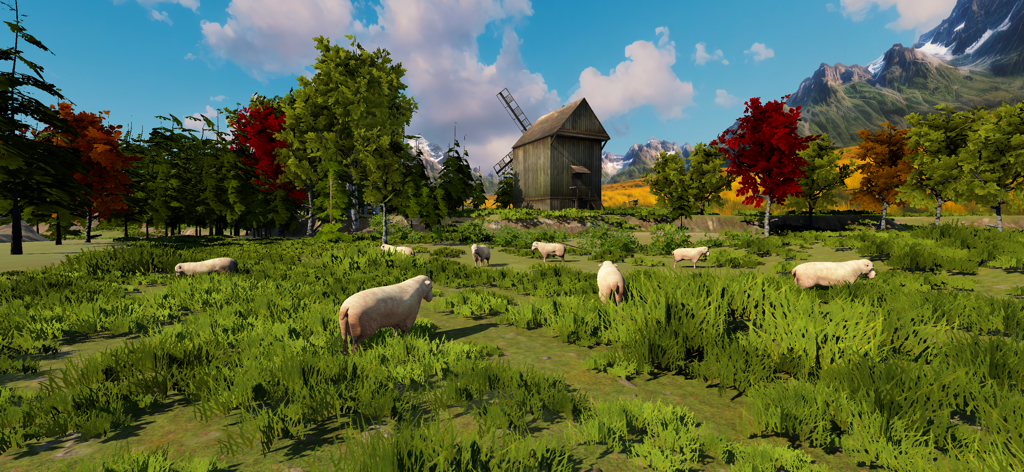 Medieval Lords - Schafe weiden auf einer grünen Wiese mit einer Holzwindmühle und Bergen in einer mittelalterlichen Landschaft