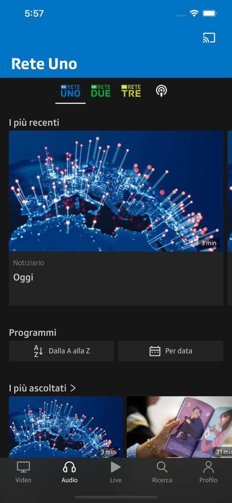 Play RSI - Interfaz de la aplicación Play RSI que muestra la sección de audio de la emisora Rete Uno con los últimos programas y podcasts.