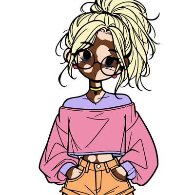girl with a messy ponytail glasses a baggy crop top and jean shorts