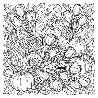Embrace the spirit of gratitude with this exquisite Thanksgiving harvest coloring page, beautifully combining elegant tulips with traditional autumn elements. It's a perfect way to relax and celebrate the season with a touch of floral charm.