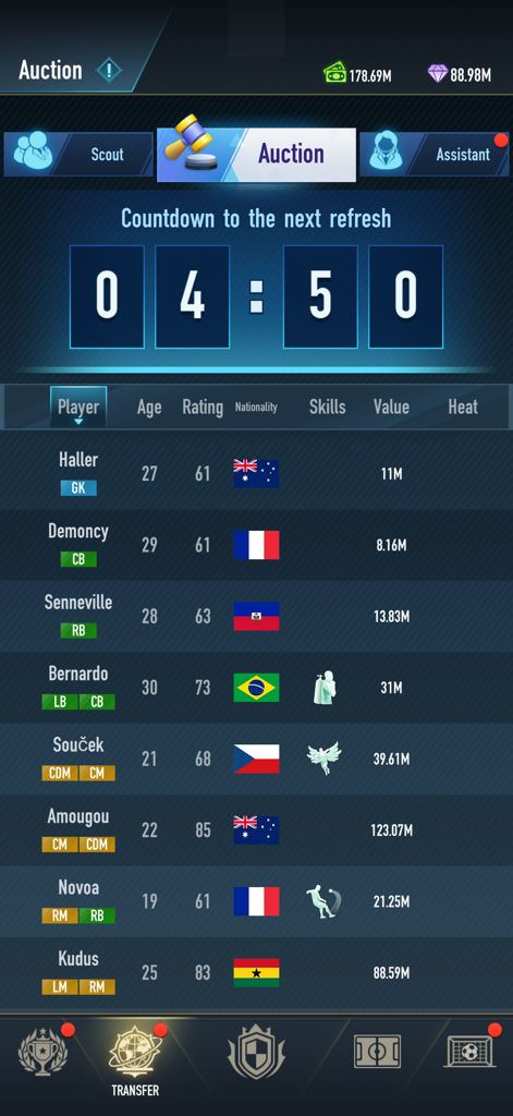 Football Career - Soccer Games - In-game auction menu showing a list of soccer players with their stats and market value