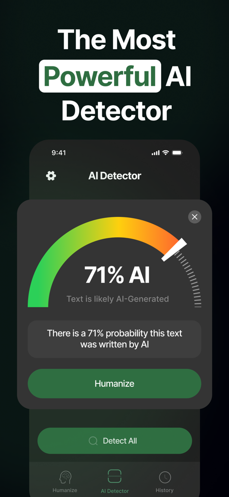 GTPZero: AI Detector Humanizer - GTPZero app interface showing 71 percent AI detection probability and humanizer button