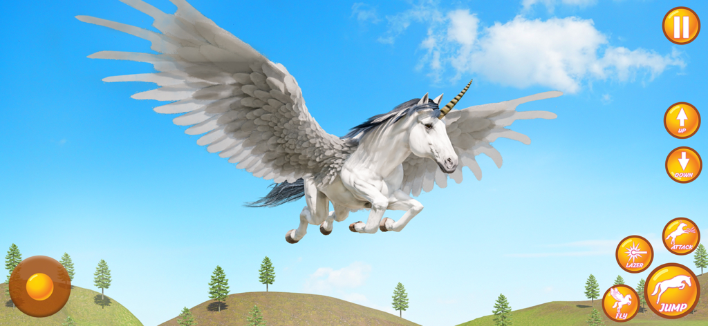 Magic Horse Unicorn Sim - Unicornio blanco alado volando a través de un cielo azul sobre colinas verdes