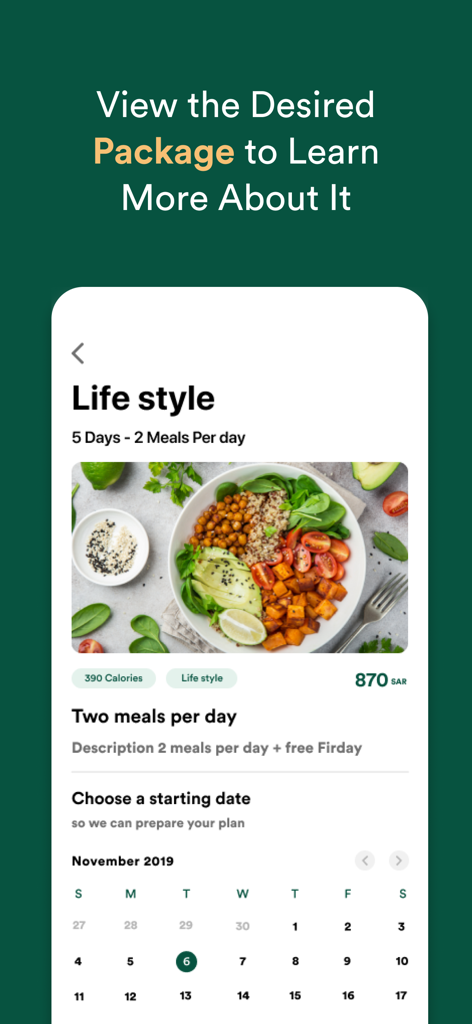 Perfect Bite - Perfect Bite app screen showing lifestyle meal package details and a start date calendar