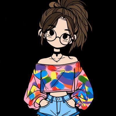 girl with a messy ponytail glasses a baggy crop top and jean shorts