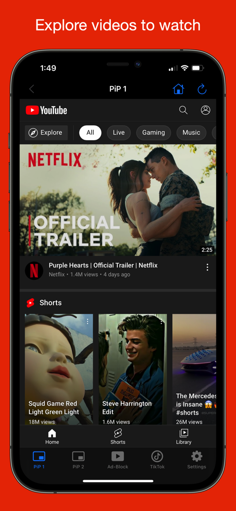 YouTube 동영상 탐색 및 멀티태스킹 탐색 표시줄을 보여주는 iPhone의 YubePiP 앱 인터페이스.