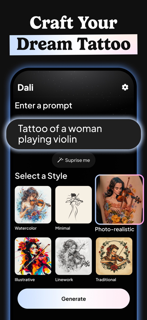Dali AI Image Generator app interface showing a tattoo design prompt and style selection